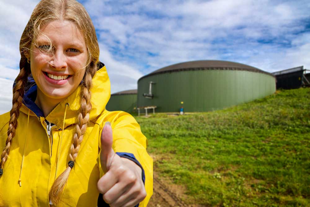 Mädchen vor einer Biogasanlage